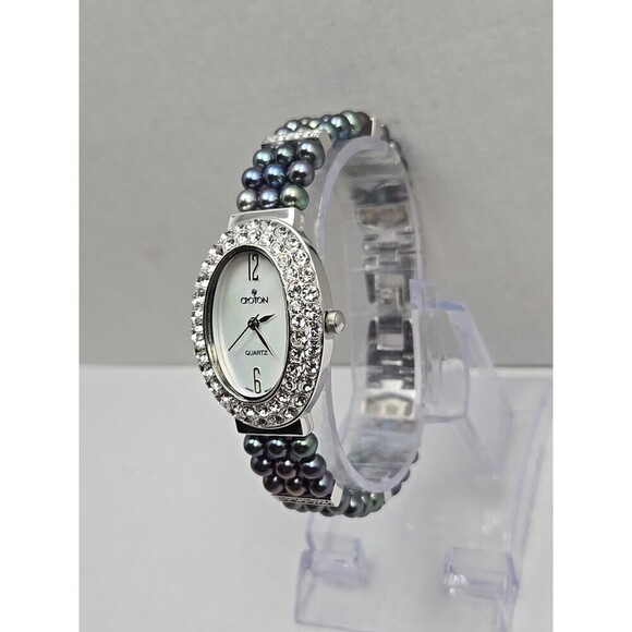 Croton Womens Iridescent Black Pearl Watch Crystal Pave Bracelet New Battery - Picture 2 of 10